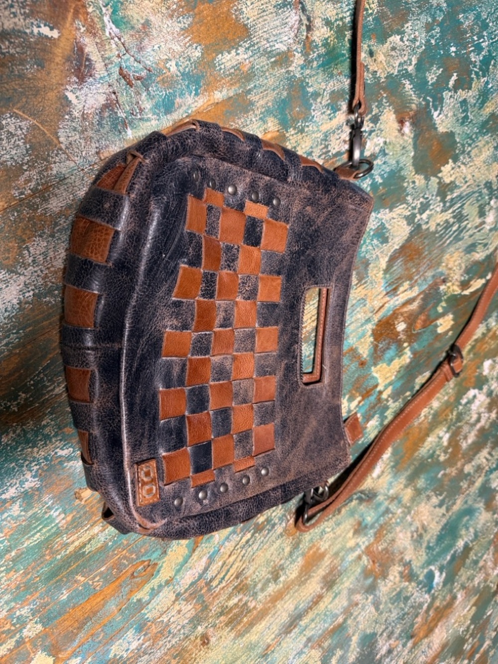 Bed Stu Two-Tone Woven Leather Shoulder Bag in Black and Brown